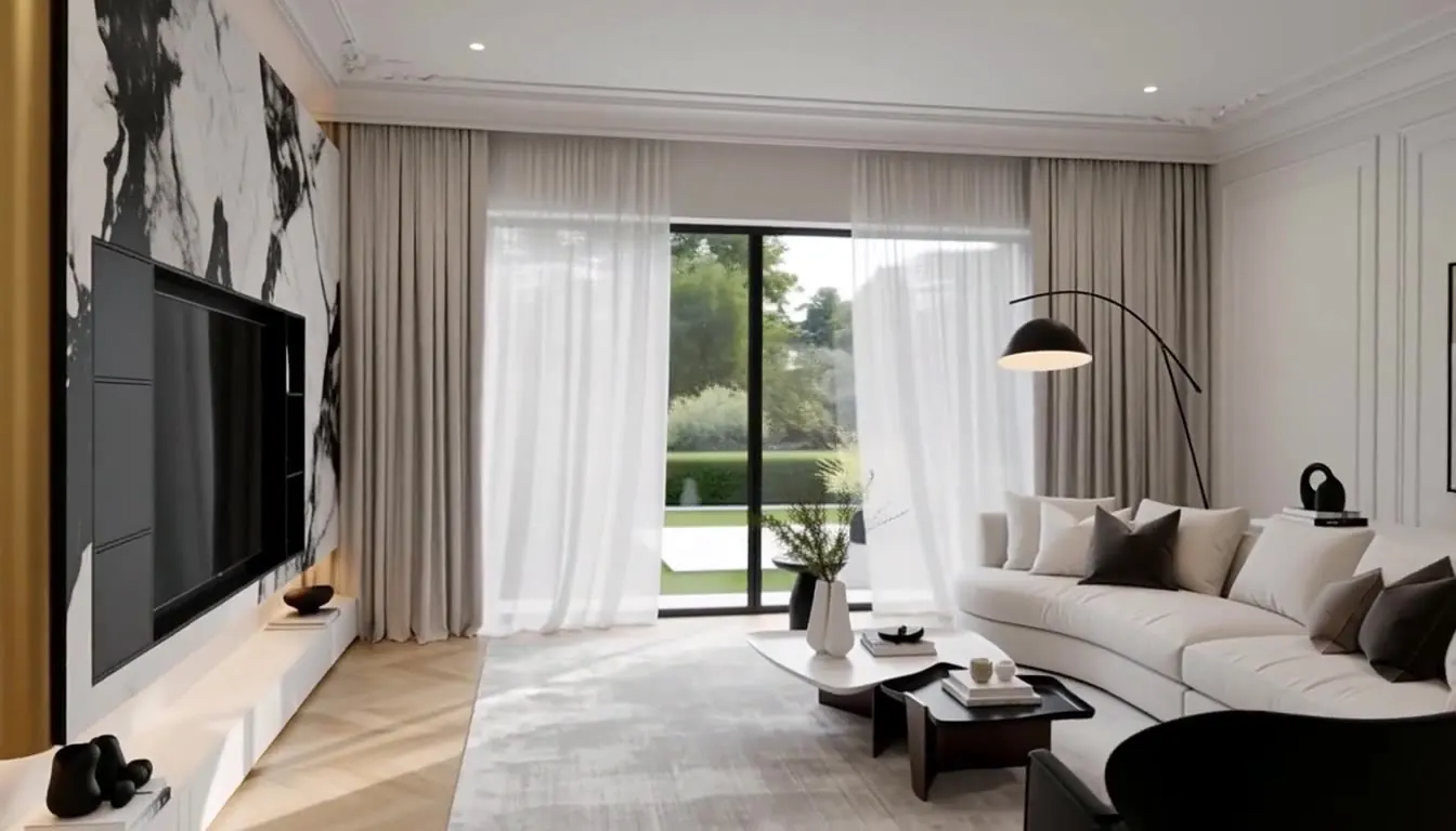 Living room design visual for a St Ives home: marble TV wall and floor-to-ceiling windows